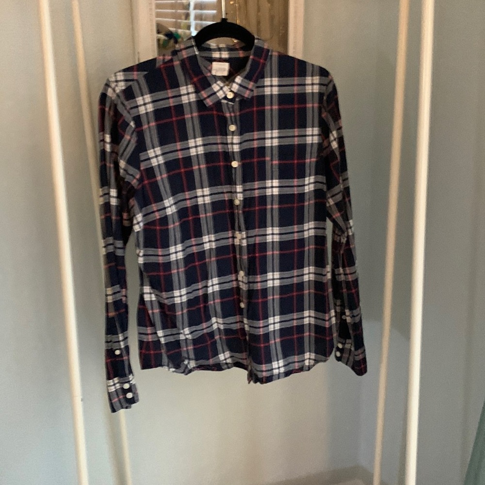 J.Crew size large navy blue brown red and white striped plaid button up blouse